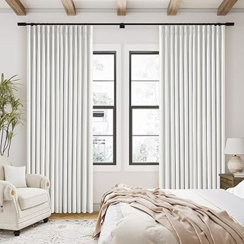 90 Inch Linen Blackout Curtains 100% Black Out with Liner Back Tab Pinch Pleat Rings Hooks Window Drapes Track Ivory