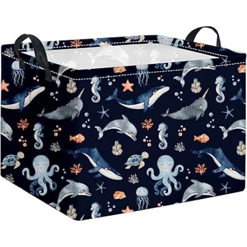 HIYAGON Rectangular Ocean Basket Kids Baby Storage Bin Toy Organizer Box for Boys Under the Sea Nursery Decor(Ocean)
