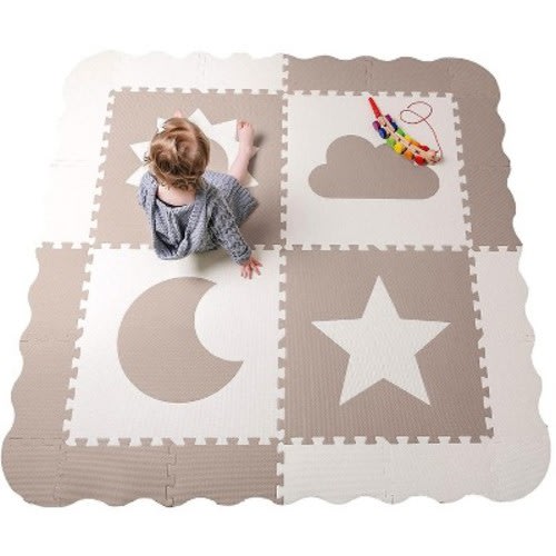 CHILDLIKE BEHAVIOR Baby Play Mat Tiles - Non Toxic Foam Floor Mat for Playroom & Nursery, 61"x61" X-Large, Biege