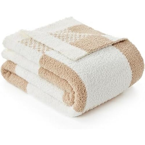 Snuggle Sac Checkered Blanket, Beige Throw Blanket for Couch Plaid Microfiber Fluffy Warm Cozy Fuzzy Soft Throw Blanket Reversible Checkerered Blankets for Sofa, Bed, 60x80 inches