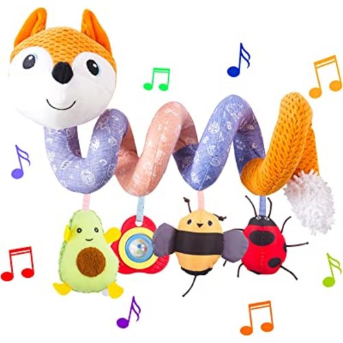 Car Seat Toys, Infant Baby Orange Fox Spiral Plush Activity Hanging Toys for Car Seat Stroller Bar Crib Bassinet Mobile with Music Box BB Squeaker and Rattles(Orange)