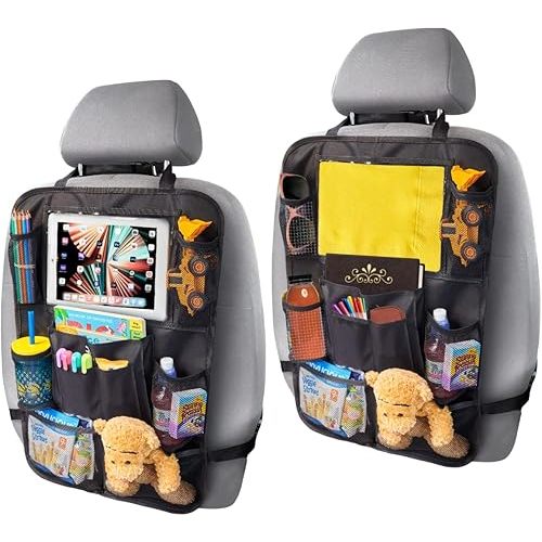 Backseat Car Organizer, Kick Mat Back Seat Protector with Touch Screen Tablet Holder, Back Seat Organizer for Baby & Kids, Travel Accessories with 9 Storage Pockets & 4 Headrest Hooks, Pack of 2-Black