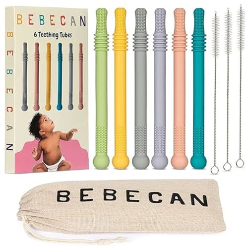 Bebecan Teething Sticks for Babies 36+ Months – Super Soft Silicone Teething Aids, Infant Oral Soothing Relief Back Molars, Multicolor 6-Pack