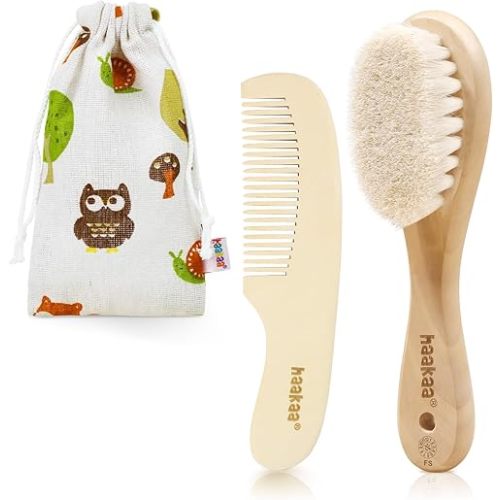 haakaa Baby Hair Brush and Comb Set for Newborns & Toddlers - Natural Soft Goat Bristles and Wooden Handle, Gently Grooms Baby's Hair, Ideal for Cradle Cap, Perfect Baby Gift, 2pk