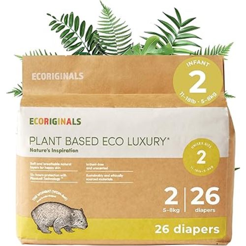 26 Eco Infant Diapers Size 2 - Baby Diapers with 100% Plant-Based Layers, Disposable & Hypoallergenic Baby Essentials for Infant Babies - Secure Fit Size 2 Diapers (11-18lb), 1 Pack