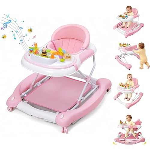 5 in 1 Baby Walker, Music and Lights Walker for Baby Boy Girls 6-12 Months, Foldable Baby Walkers with Wheels and Bouncer Combo Portable, Toddler Infant Walker with Adjustable Height