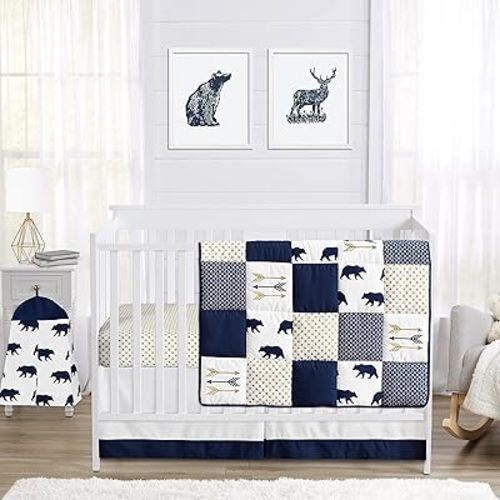 Navy Blue, Gold, and White Patchwork Big Bear Boy Baby Crib Bedding Set by Sweet Jojo Designs - 4 Pieces