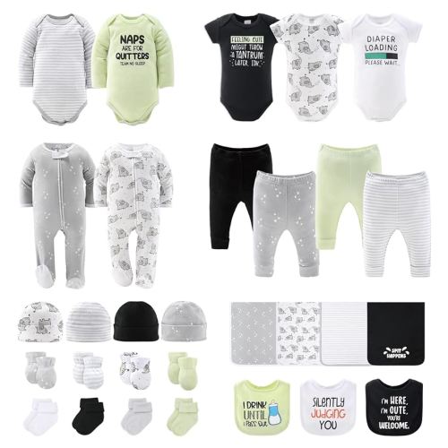 The Peanutshell Baby Layette Gift Set for Baby Boys or Girls - 30 Piece New Born Gift Set, Clothes & Newborn Essentials Must Haves - Clothes 0-3 Months - White, Black & Green
