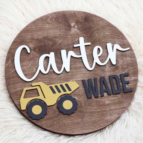 Dump Truck Nursery Name Sign, Construction Wood Name, Round Name Sign, Toddler Gift, Kids Room Decor