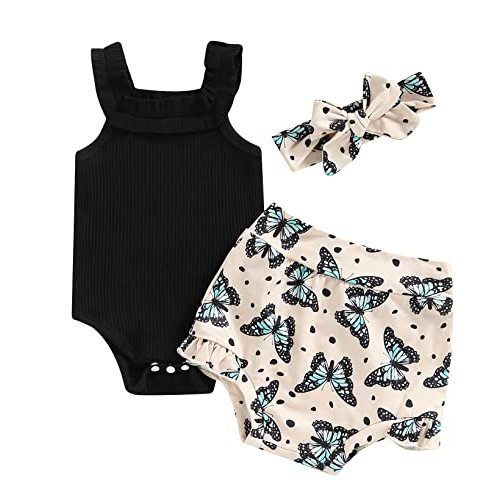 3pcs Toddler Girls Summer Outfits Ribbed Halter Crop Top Romper Bodysuit +Floral Bloomer Shorts+Headband Clothes Set