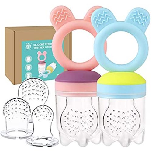 bumblebee Baby Fruit Food Feeder PacifierTeether Toys Set - Silicone Fresh Food Feeder Teether with 3 mesh Silicone Bags and Teething Toys All in One Infant Teether Toys-2 Packs