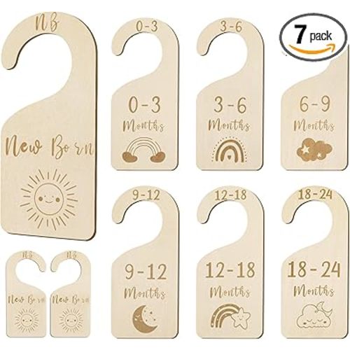 Wooden Baby Closet Dividers, Double Sided Baby Clothes Size Dividers for Newborn to 24 Months Adorable Nursery Closet Organizer for Infant Toddler Girls & Boys - 7 Pcs