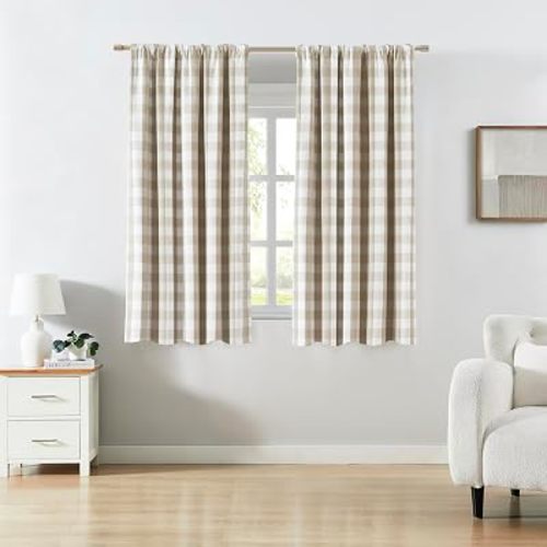 Double-Layer Full Blackout Thermal Insulated Curtains,Beige and White Plaid Pattern Panels,Cottage Style Window Treatment for Living Room Bedroom,Rod Pocket Back Tabs,52" Wx72 Lx2