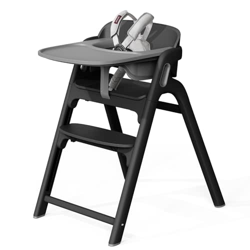 Momcozy DinerPal Wooden High Chair for Babies, Toddlers & Adults Up to 308 Lbs, Convertible Baby Highchair with Food-Grade Tray, Dishwasher-Safe, Adjustable & Ergonomic, Midnight Black