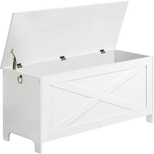 39.4" Toy Chest, Sturdy Entryway Storage Chest with Safety Hinges, Retro Toy Box, Wooden Look Accent Furniture for Living Room, Bedroom, White SCWT48101Z1