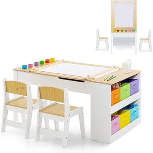 INFANS 2 in 1 Kids Art Table and Chair Set, Toddler Craft Play Wood Activity Desk with 2 Chairs Storage Canvas Bins Paper Roll for Writing Drawing, Children Furniture for Daycare Nursery