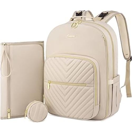 LOVEVOOK Diaper Bag Backpack, Quilted Baby Bag with Changing Pad & Pacifier Holder, Waterproof Travel Diaper Bags with USB Charging Port for Baby Boys Girls, Stylish and Large Capacity,Antique White