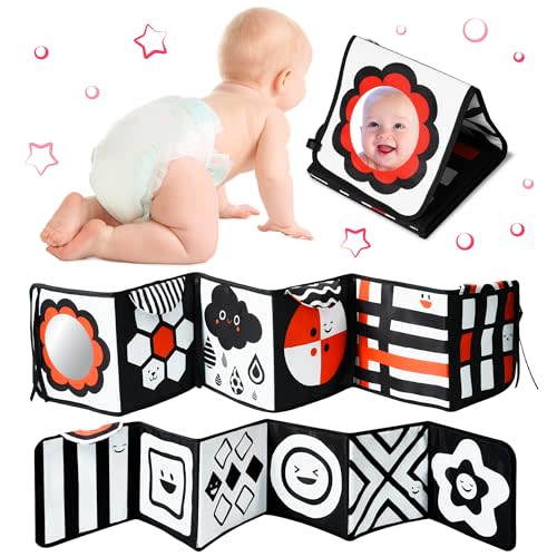 Black and White Baby Toys – High Contrast Soft Book with Mirror, Crinkle Sensory Tummy Time Toy for Newborns 0-3 3-6 6-12 Months, Montessori Infant Toys, Shower Gift