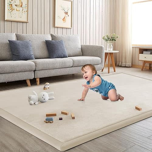 ILPEOD Baby Play Mat for Floor Nursery Rug Muscle Mat Area Rug Playroom Rug 47"x47" Playpen Mat Elastic Foam 1.3" Thick Crawling Mat for Babies,Toddlers, Infants, Kids,A Beige