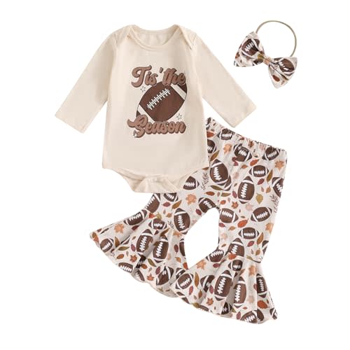 Muasaaluxi Newborn Baby Girl Football Outfit Football Romper Onesie Flared Pants Headband Fall Winter Clothes 0-18M