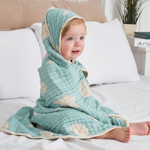 HardNok Bamboo Muslin Baby Towel Hooded,32 x 32 inches Silk Soft and Comfortable 6 Layer Large Bath Towel for Boys,Girls(Ocean Green)… - Bamboo Green 32
