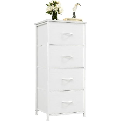 Somdot Tall Dresser for Bedroom with 4 Drawers, Storage Organizer Chest of Drawers with Removable Fabric Bins for Living Room Closet Bedside Nursery Laundry Entryway Hallway, White Leather