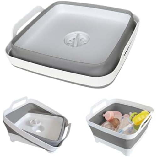 Collapsible Wash Basin for Baby Bottles - 2.4 Gallons Portable Wash Bin for RV Camping Sink, Space-Saving Dish Tub (Gray)