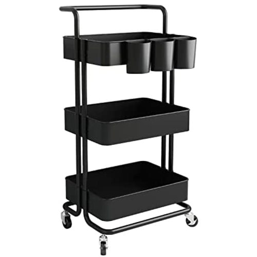 AIYAKA 3-Tier Rolling Utility Storage Cart, Multifunction Trolley Service Cart, with Mesh Basket Handles and Wheels, for Bathroom, Kitchen, Office, Black