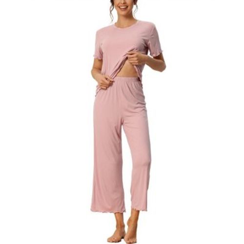 Cheibear Women's Sleepwear Round Neck Soft Knit Short Sleeve Shirt With Pants Capri Pajamas Set Green Medium