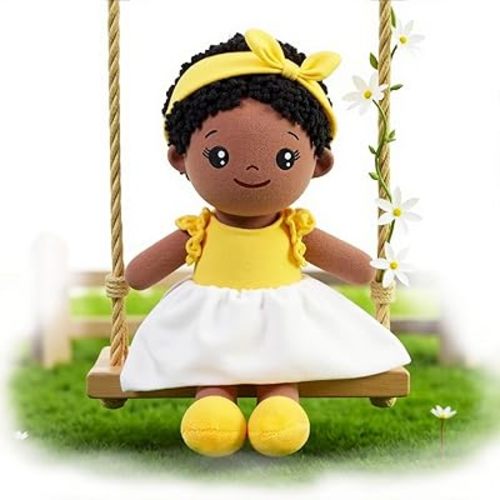 OUOZZZ 12" Soft Black Baby Dolls for Girls - First African American Baby Dolls Multicultural Plush Rag Doll Sleeping Cuddle Buddy Doll Yellow Bow-tie Toy for Kids