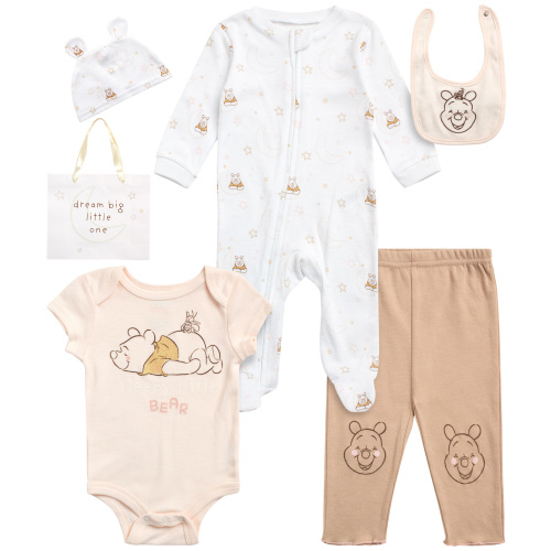 Disney Newborn Baby Layette Set - 6 Piece Disney Bodysuit Coveralls Sweatpants, Hat, Gift Bag (0-6M)