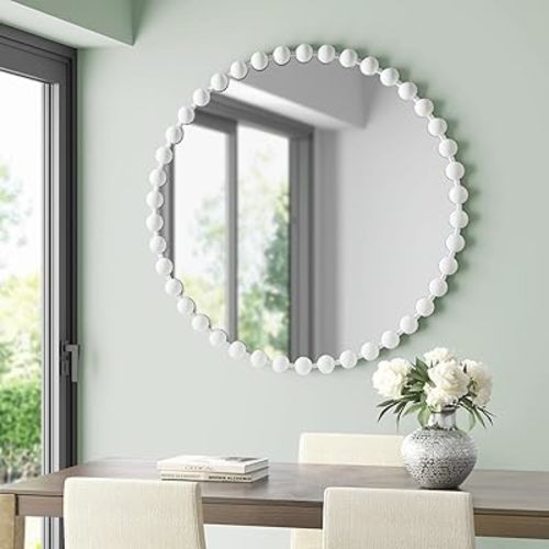 MADISON PARK SIGNATURE Wall Décor Marlowe Metal Spherical Frame Round Mirror for Living Room - Home Accent, Ready to Hang Bedroom Decoration, White, 36" Diameter