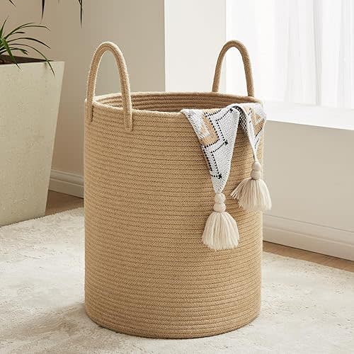 Cotton Laundry Hamper, 58L - Woven Collapsible Storage Basket - Jute Brown