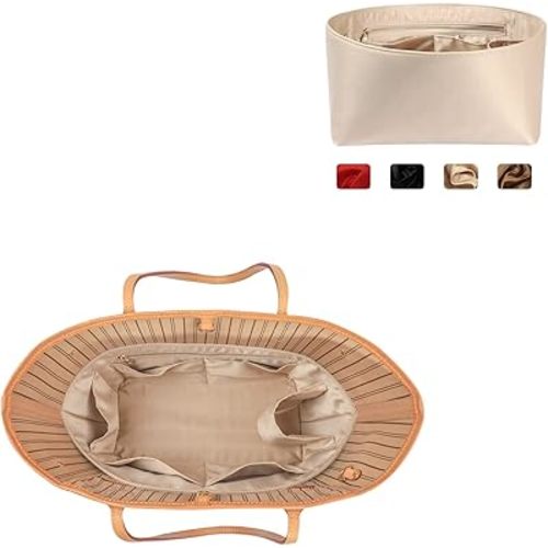 Purse Organizer Insert For Handbags, Silk Purse Organizer with Zipper, Silky Smooth, Bag Organizer For Speedy Neverfull Tote,onthego,Artsy, 6 Sizes (Medium, Silky Beige)