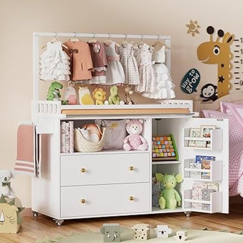 PAKASEPT Baby Changing Table, Infant Diaper Changing Station with Wheels & Wide Table Top & Clothes Rail, Baby Cloth Organizer with Two Drawers and Cabinet for Nursery and Kids Bedroom