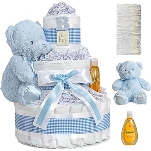Lil' Baby Cakes Blue Boy Diaper Cake - Makes a Beautiful Boy Baby Gift - Adorable and Practical - Handmade with 42 Swaddler 1 Diapers - Size 10 in x 12 in