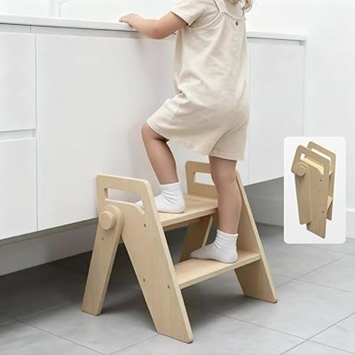 Wooden 2 Step Stool for Kids Bathroom Foldable 2-Step for Toilet Potty Training, Child Stepping Stool for Kitchen Nursery Bedroom