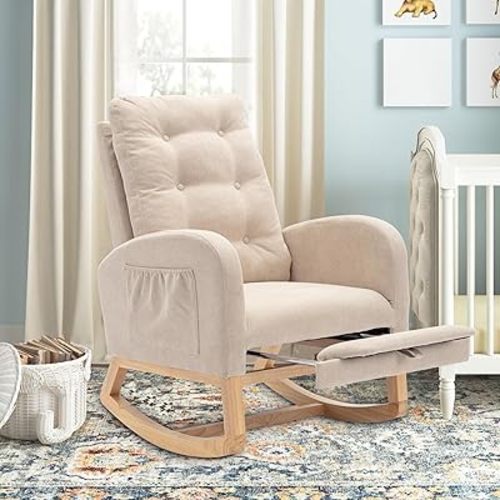 Nursery Rocking Chair with Retractable Foot Rest, Glider Rocking Chair with Solid Wood Legs, High Back, Button Decors, Mid Century Rocker Chair