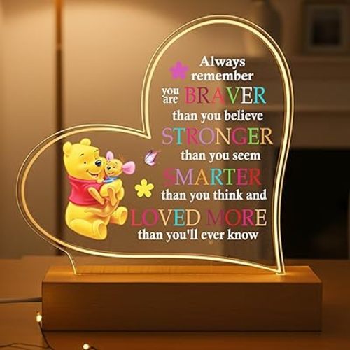 Pooh Bear Heart Night Light, Loved More Inspirational Quote Lamp, Gift for Daughter Son Girlfriend Boyfriend, Heart Shaped Bedroom Decor, Room Light