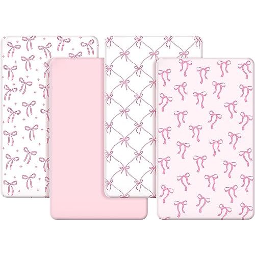 4 Pack Coquette Pink Bows Baby Crib Fitted Sheet 52'' x 28'' Pink Bows Fitted Crib Mattress Sheet Coquette Baby Bedding for Standard Mattress Gift Set