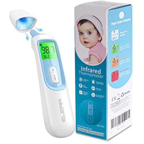 Ear Thermometer for Baby, ELERA Infrared Thermometer with Automatic Switching Mode of Ear & Forehead, 1s Measurement, 4 Color Backlight Display with Fever Indicator