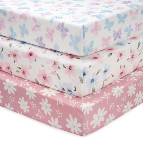 FIEMOL Baby Mini Crib Sheets Girl, Portable 38x26 Pack and Play Sheets Fitted for Playard and Pack N Play Mattress, 3-Pack Soft Microfiber Pink Butterfly Flower