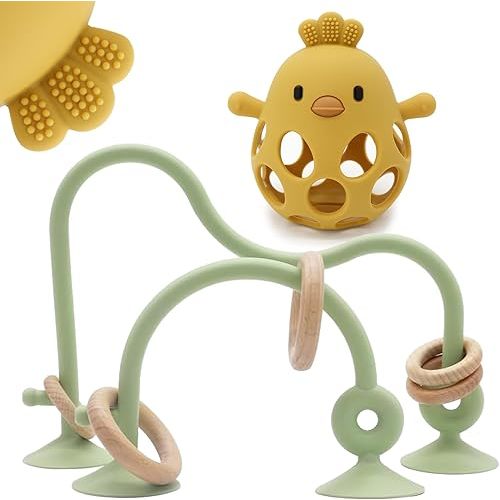Baby High Chair Toys Teething Chew - Baby Table Toys, Baby High Chair Suction Toy Teething Toys Silicone Teethers, Food Grade Silicon for 6 12 18 Months (Green Yellow)