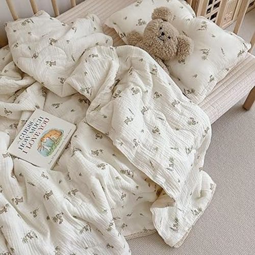 BuLuTu Cartoon Bunny Gauze Toddler Quilt Kids Blankets for Girls Boys, Soft Breathable Cotton Muslin Kids Comforter Quilted Blanket with Cute Rabbit Pattern, 47"x59"