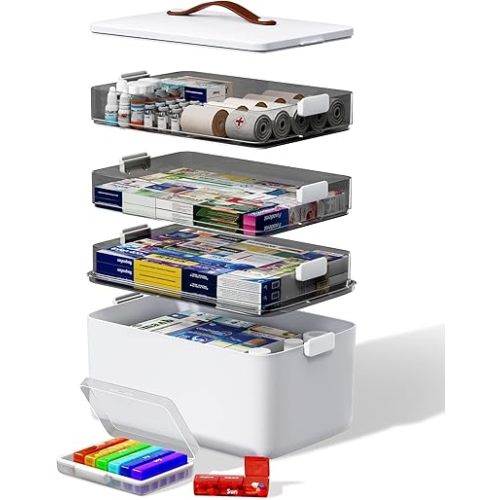 4-Tier Medicine Cabinet Organizer with Leather Handle, Empty Plastic First Aid Kit, Multipurpose Storage Box with A Portable Weekly Pill Organizer for Family Emergencies, Home