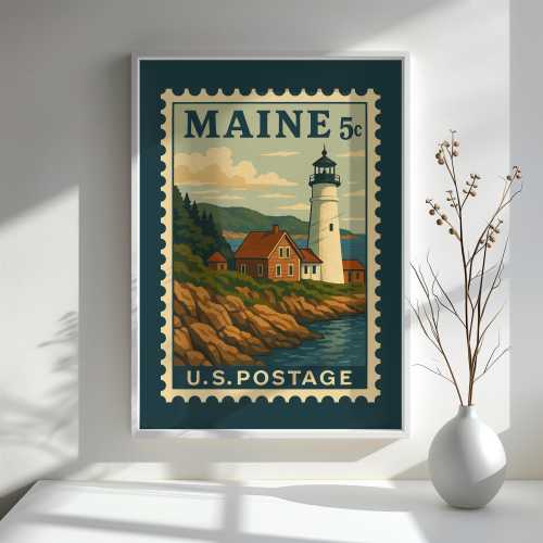 Maine Lighthouse Postage Stamp Print | Vintage Style Coastal Wall Art Decor | Retro State Travel Poster Art | 8x10 11x14 12x16 12x18 16x20
