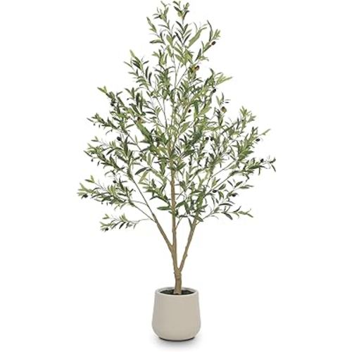 Olive Trees Artificial Indoor, 6FT Tall Faux Olive Tree with White Tall Planter, Artificial Plants with Natural Wood Trunk and Lifelike Fruits for Home Office Decor