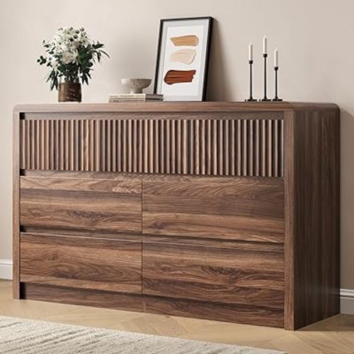 Fluted 7 Drawer Dresser for Bedroom, 50” Wide Dresser & Chest of Drawers with Curved Profile Design, Wood Mid Century Dressers for Bedroom, Living Room, Walnut