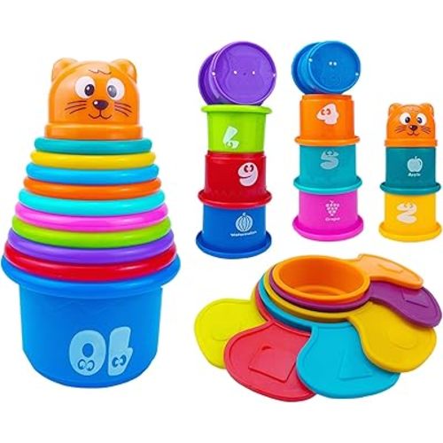 17 PCs Multicolor Nesting and Stacking Cups Set, Baby Bathtub Toys, Early Learning Educational Toys for Infants, Toddlers, Stacking Cups with The Numbers, Shapes, Fruits, Animals Patten