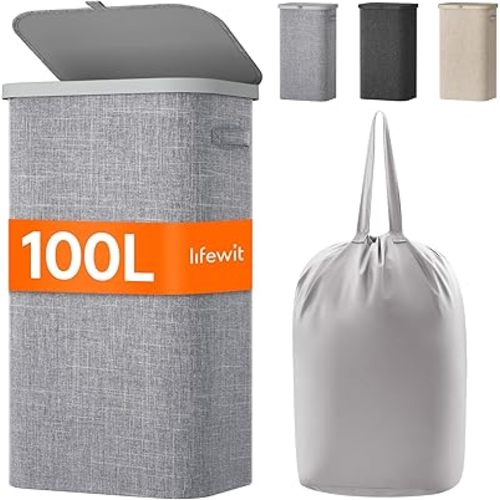 Lifewit 100L Laundry Basket with Lid, Large Laundry Hamper with Plastic Handles and Removable Bag, Foldable Tall Dirty Clothes Hampers for Laundry for Laundry Room, Bedroom, Bathroom, Dorm,Light Gray